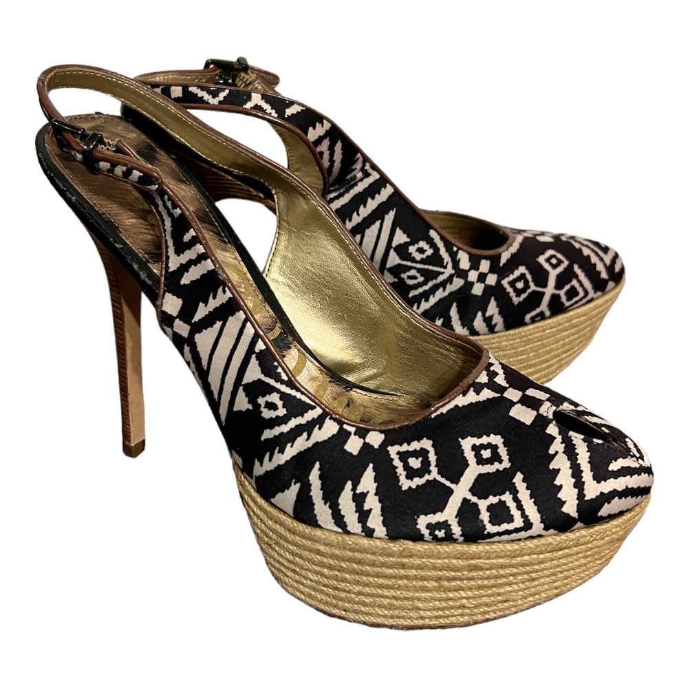 Sam Edelman Women's 8.5 Black/White Tribal Print Novato Sling Back Heels